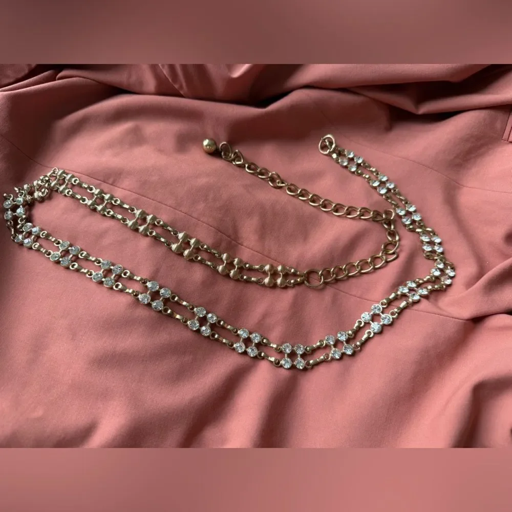 Y2K/90s Rhinestone and Gold Double-stranded Chain Belt